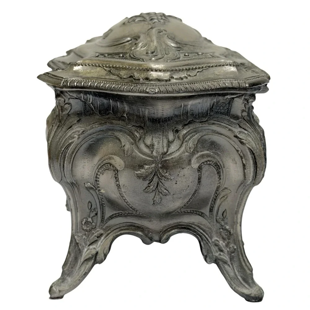 Vintage Pewter Intricate Floral Jewelry Casket Box Ornate Victorian Design Japan